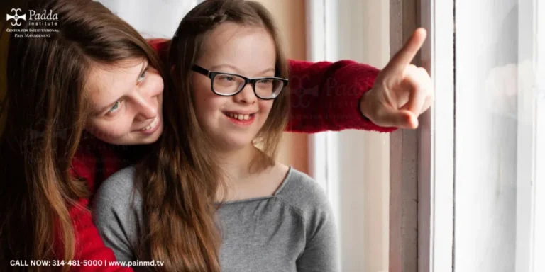 Young woman with Down syndrome pointing while an adult supports her