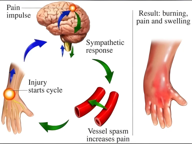 Diagram of the complex regional pain syndrome cycle showing injury, sympathetic response and vessel spasm