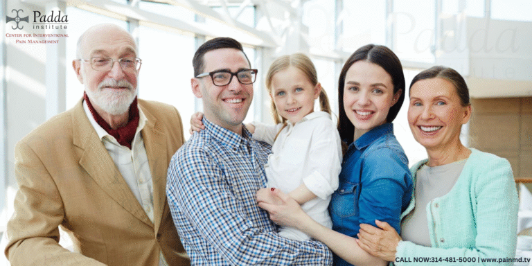 Three generations of a family standing together and smiling