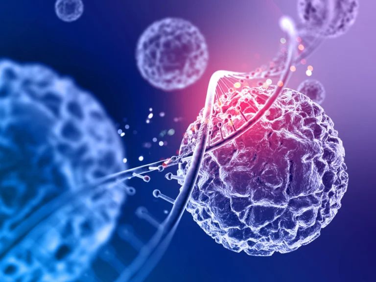Microscopic illustration of a cell being probed during genetic research