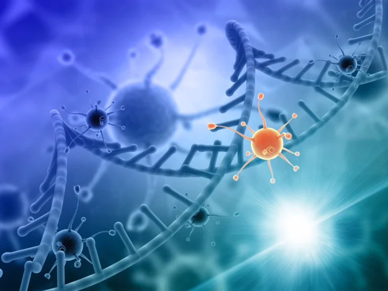 Illustration of a DNA double helix with virus particles