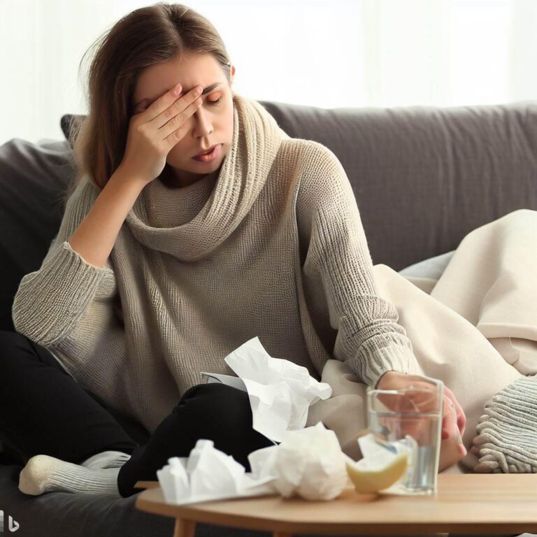 Woman resting on a couch with used tissues and a glass of water during illness