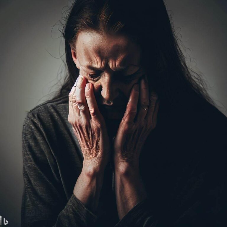 Woman in dark clothing holding her face in distress