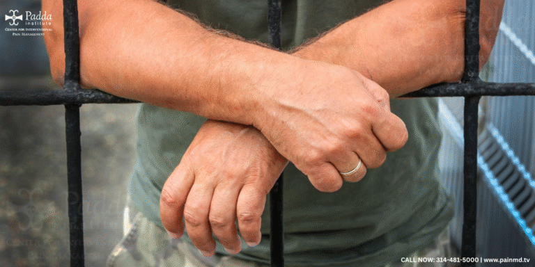 Close-up of a man forearms and hands gripping a railing