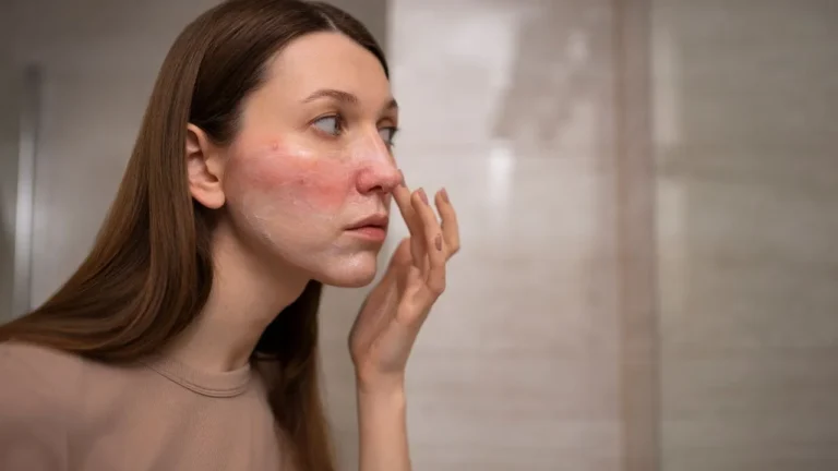 Woman examining reddened skin on her cheek in a mirror