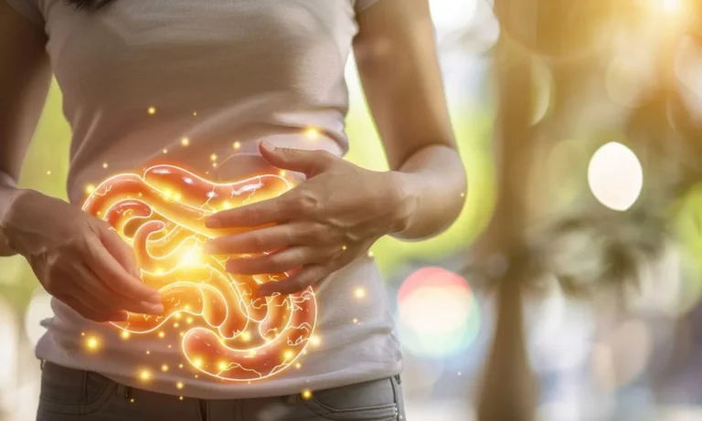 Illustration of the digestive tract glowing over a persons abdomen