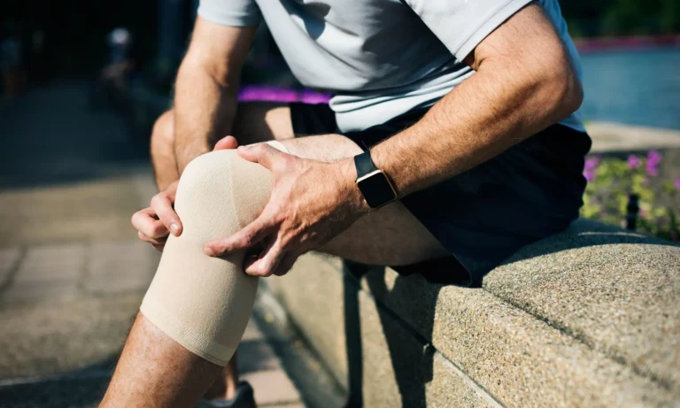Runner seated outdoors adjusting a bandage around the knee
