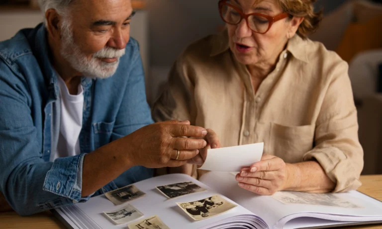 Older couple looking through a photograph album together