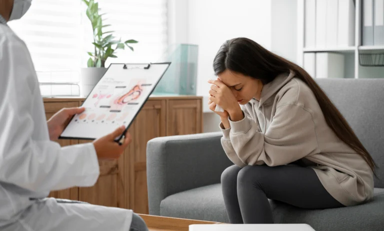 Woman sitting with her head in her hand while a clinician takes notes