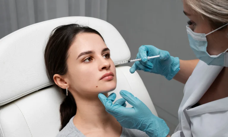 Clinician giving a facial injection to a woman reclining in a treatment chair