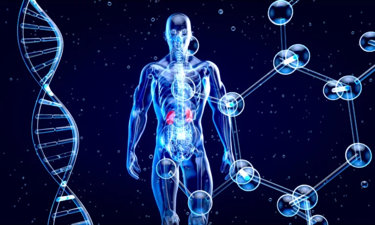 Digital illustration of a human figure with DNA and molecular graphics
