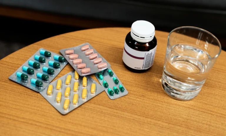 Blister packs of tablets beside a supplement bottle and a glass of water