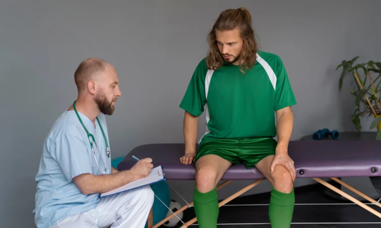 Clinician assessing a seated athlete in a treatment room