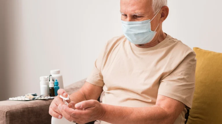 Masked older man sorting tablets into his hand