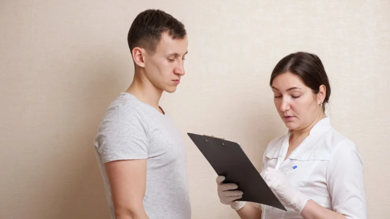 Clinician with a clipboard assessing a young man