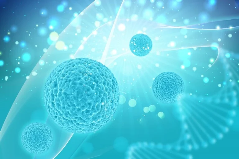 Illustration of cells and molecular structures against a blue background