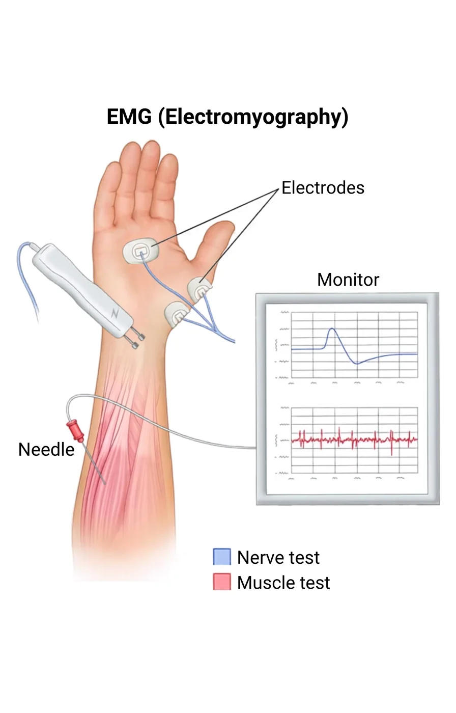Illustration of an EMG and nerve conduction study showing surface electrodes, needle electrode and monitor traces for nerve and muscle testing