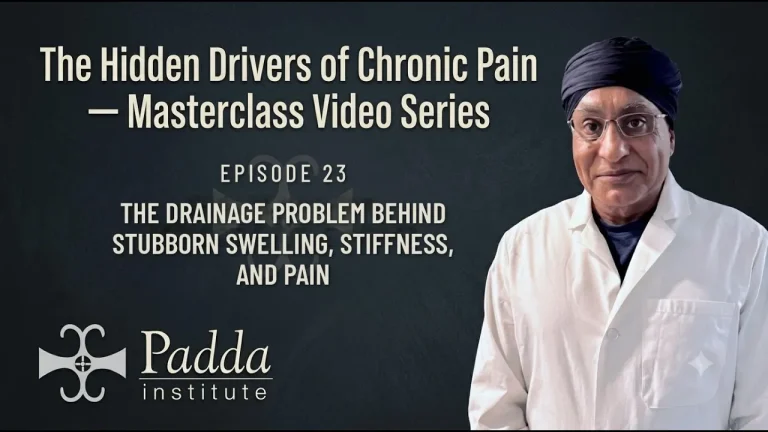 Video title card for The Hidden Drivers of Chronic Pain masterclass series with Dr. Gurpreet Singh Padda in a lab coat — Episode 23 on lymphatic drainage, swelling and stiffness