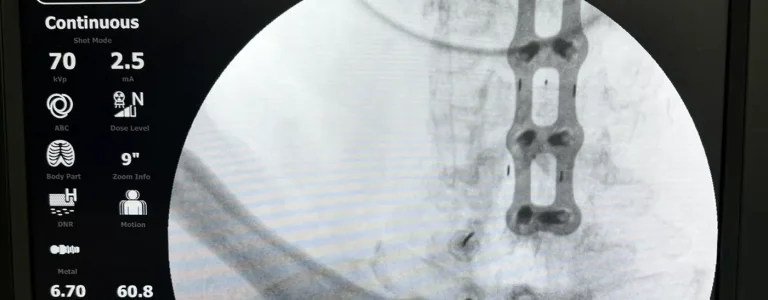 Fluoroscopic image of the cervical medial branch nerve during targeted needle placement at Padda Institute, St. Louis