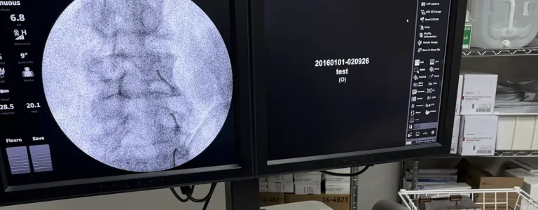 Fluoroscopic image of a medial branch nerve block with contrast outlining the target at Padda Institute, St. Louis