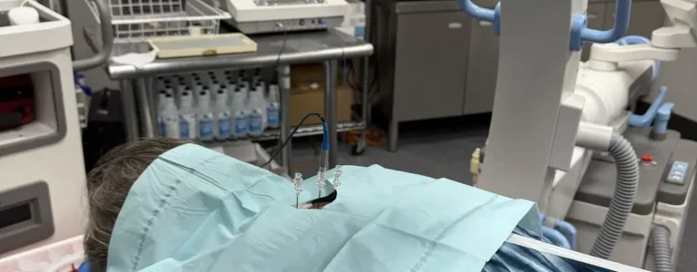 Needle positioning confirmed on live fluoroscopy before radiofrequency lesioning at Padda Institute, St. Louis