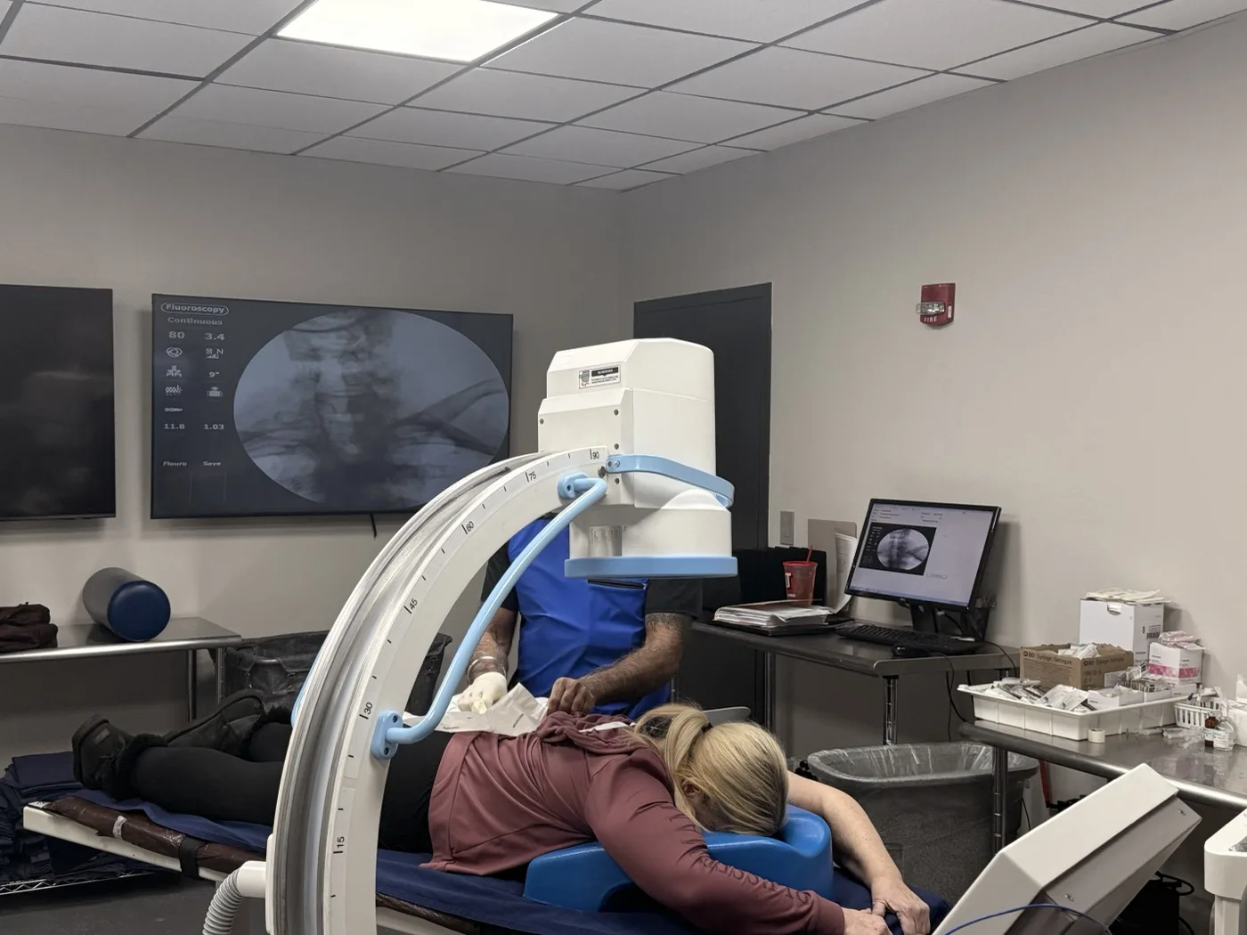 C-arm fluoroscopy guiding an image-guided diagnostic injection at Padda Institute, 4477 Woodson Road, St. Louis, MO 63134