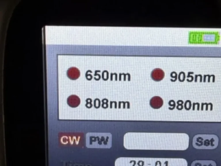 Cold laser therapy console showing 650, 808, 905 and 980 nm wavelengths at Padda Institute