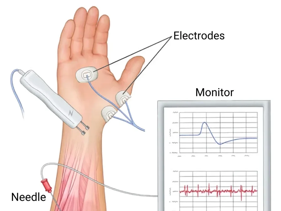 Illustration of an EMG and nerve conduction study showing surface electrodes, needle electrode and the monitor traces for nerve and muscle testing