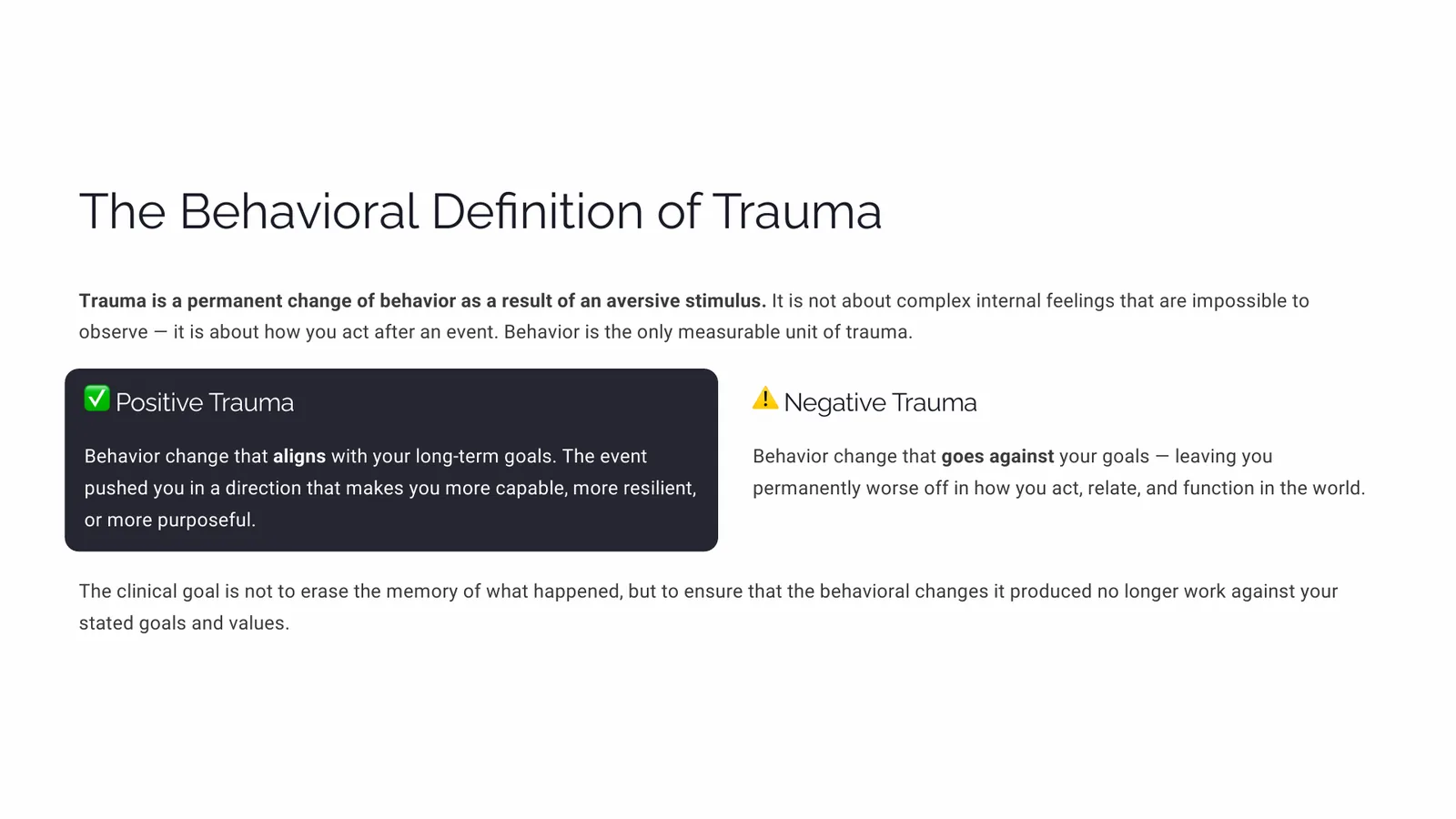 Slide defining trauma as a permanent change of behaviour, distinguishing goal-aligned from goal-opposed behavioural change