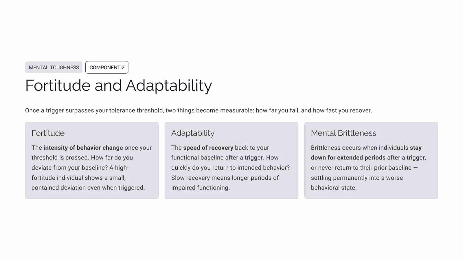 Slide defining fortitude as the intensity of behaviour change and adaptability as the speed of recovery to baseline
