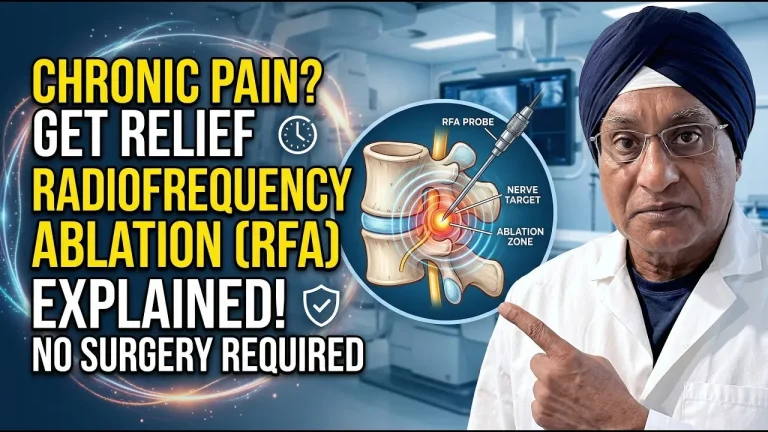 Promotional card for radiofrequency ablation featuring Dr. Gurpreet Singh Padda and a spine diagram