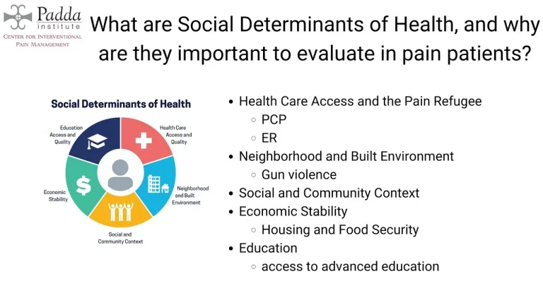 Presentation slide listing the social determinants of health relevant to pain patients