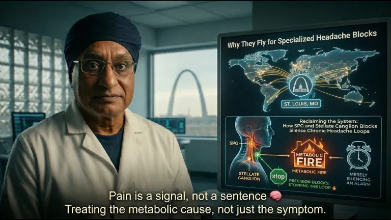 Dr. Gurpreet Singh Padda presenting beside a screen explaining specialized headache blocks