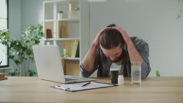 Man at a desk holding his head beside a laptop and a glass of water