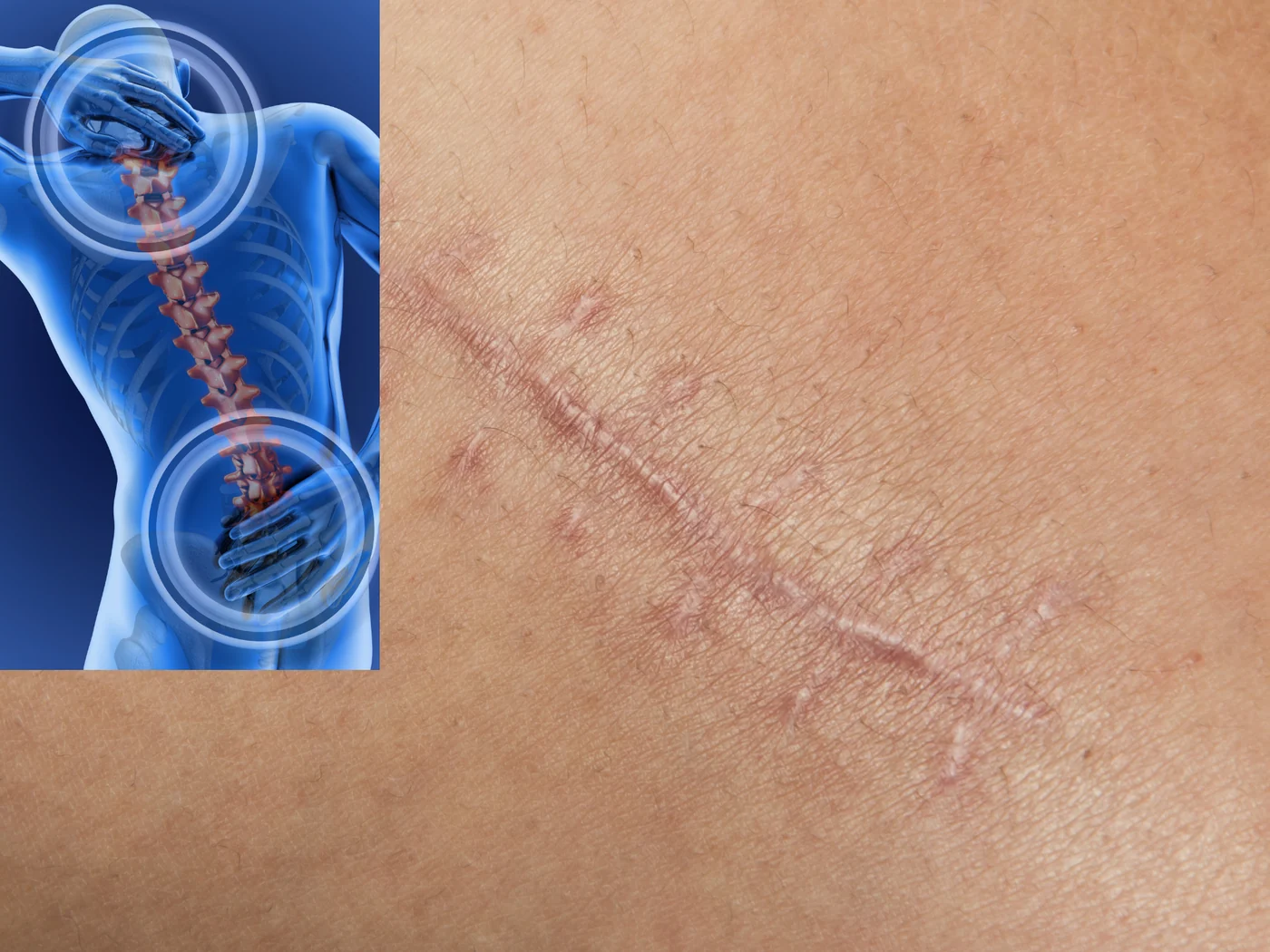 A healed surgical scar on skin, beside a small anatomical render of the spine with two regions circled