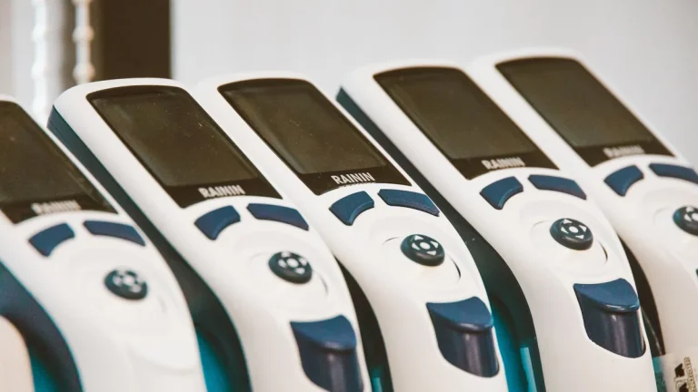 Close-up of medical devices lined in a row.
