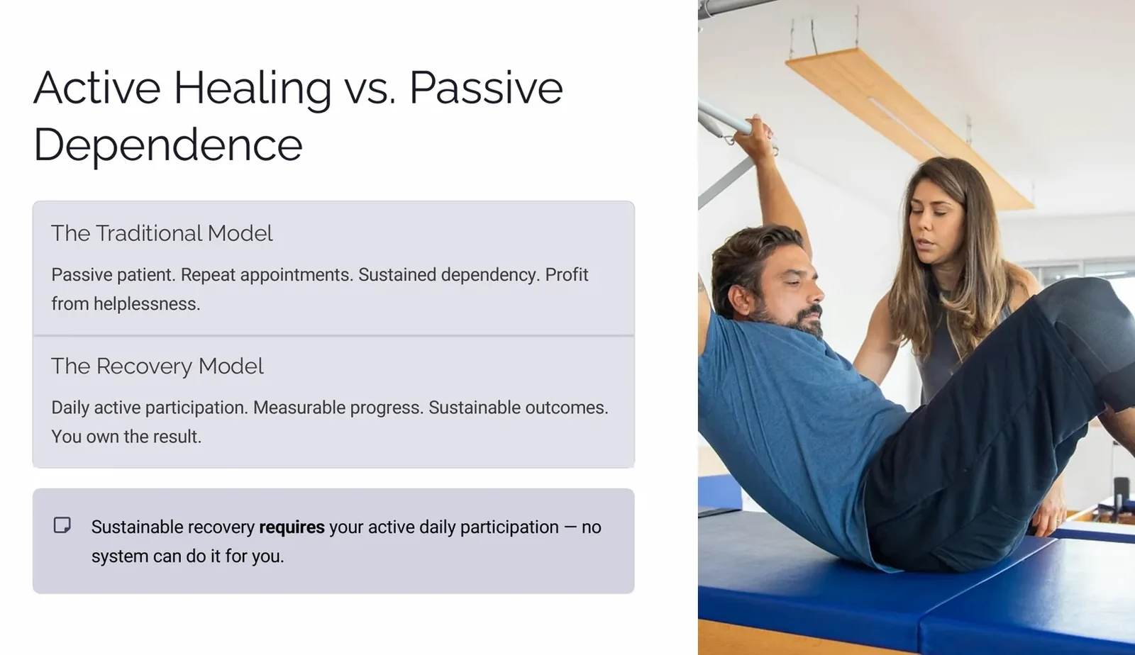 Two-column slide comparing the traditional passive care model against an active daily participation recovery model