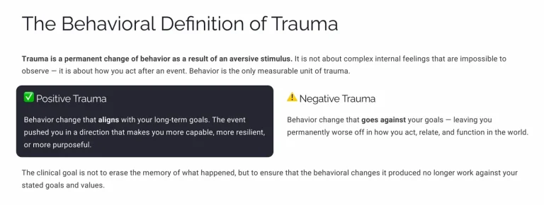 Slide defining trauma as a permanent behaviour change after an aversive stimulus, contrasting positive and negative trauma