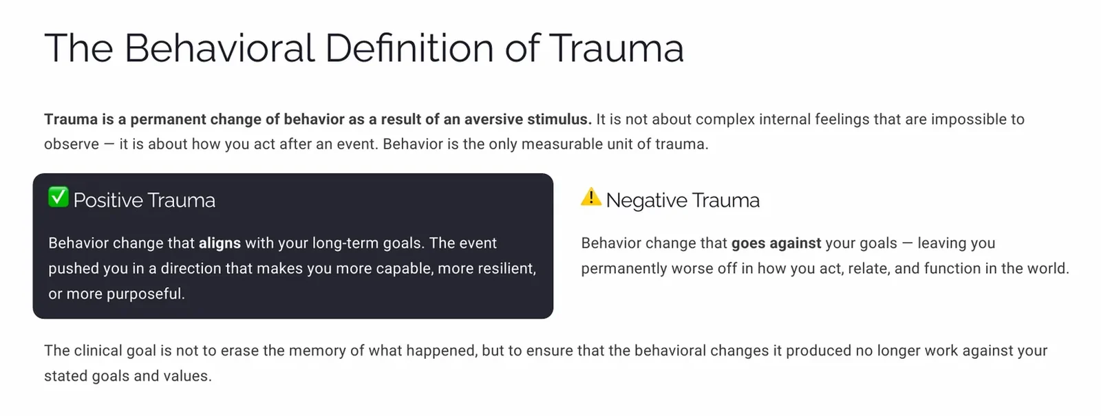Slide defining trauma as a permanent change of behavior, distinguishing goal-aligned from goal-opposed behavioral change