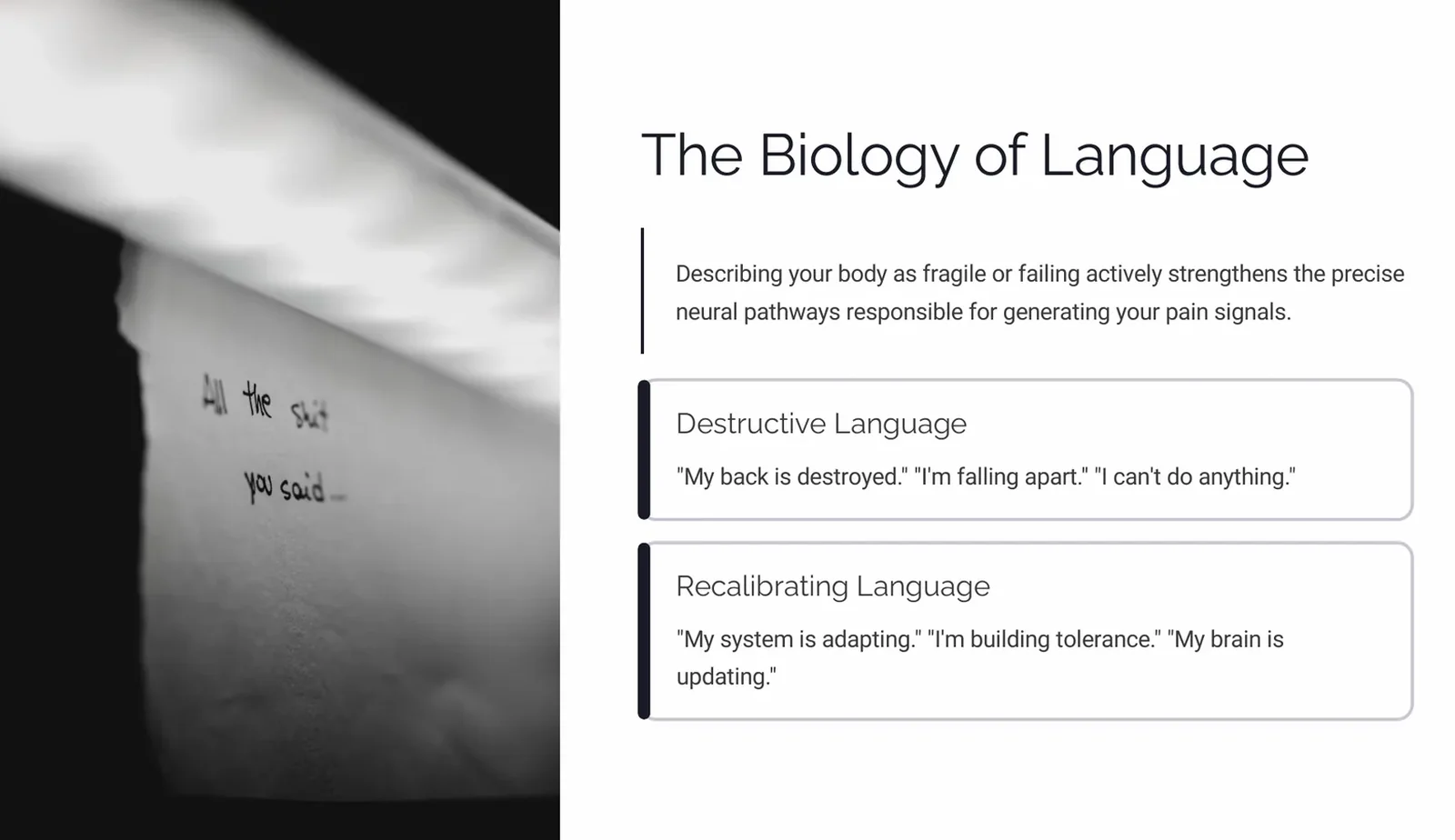 Slide contrasting destructive language about the body with recalibrating language during treatment
