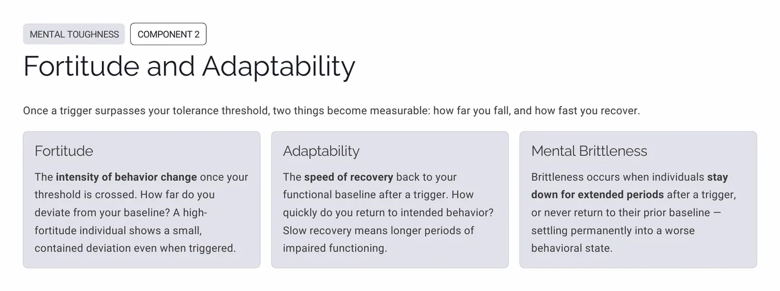 Slide defining fortitude as the intensity of behavior change and adaptability as the speed of recovery to baseline
