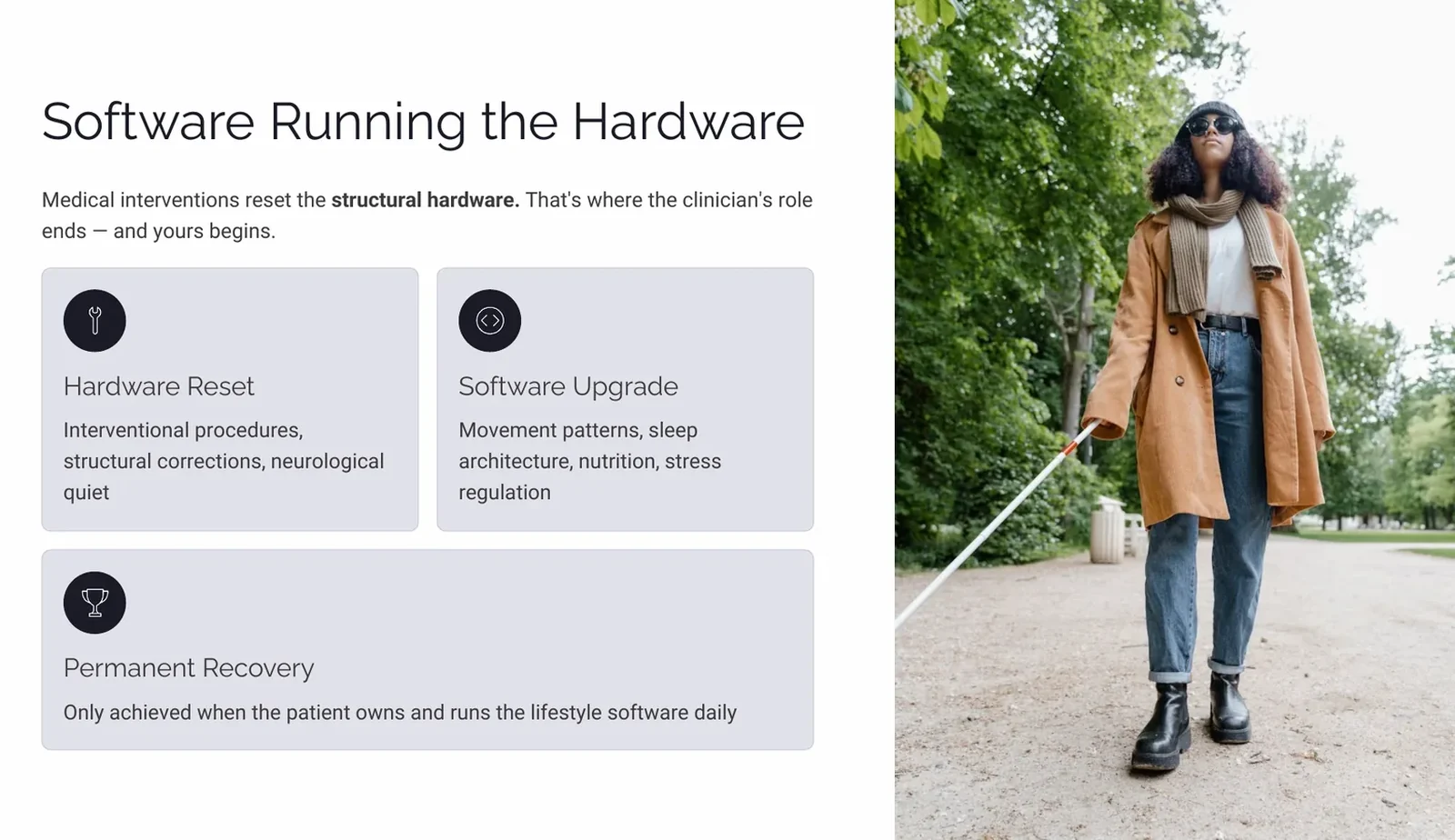 Slide showing medical intervention as a hardware reset and lifestyle change as the software that produces lasting recovery