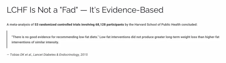 Slide summarising a meta-analysis of 53 randomized trials on low-fat dietary advice