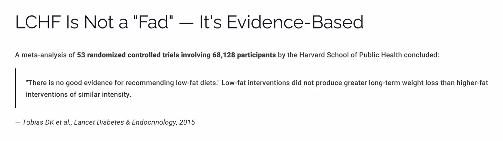 Slide summarising the meta-analysis of 53 randomised controlled trials with 68,128 participants finding no support for low-fat diets