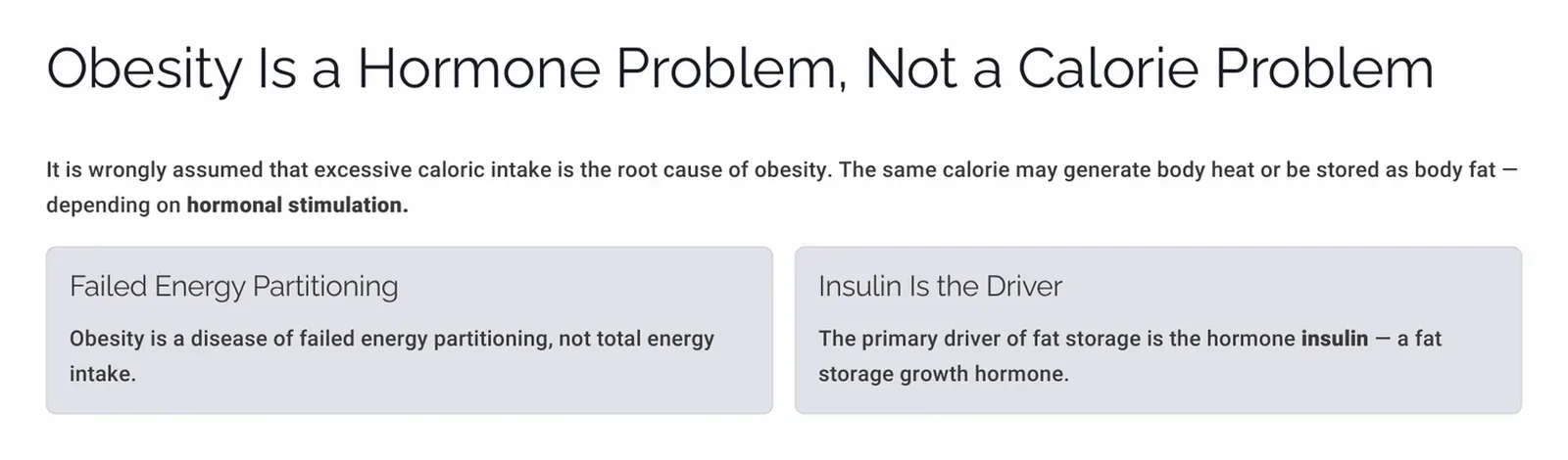 Slide explaining obesity as failed energy partitioning driven by insulin rather than total calorie intake