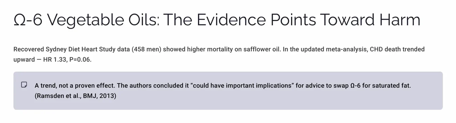 Slide presenting the Sydney Diet Heart Study recovered data and the updated meta-analysis hazard ratio for coronary heart disease death