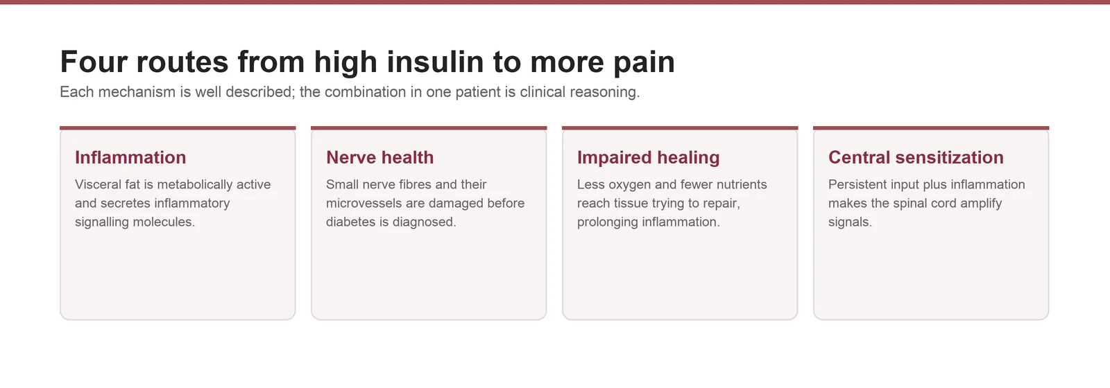 Diagram showing four mechanisms linking high insulin to worse pain: inflammation, small-fiber nerve damage, impaired healing and central sensitization