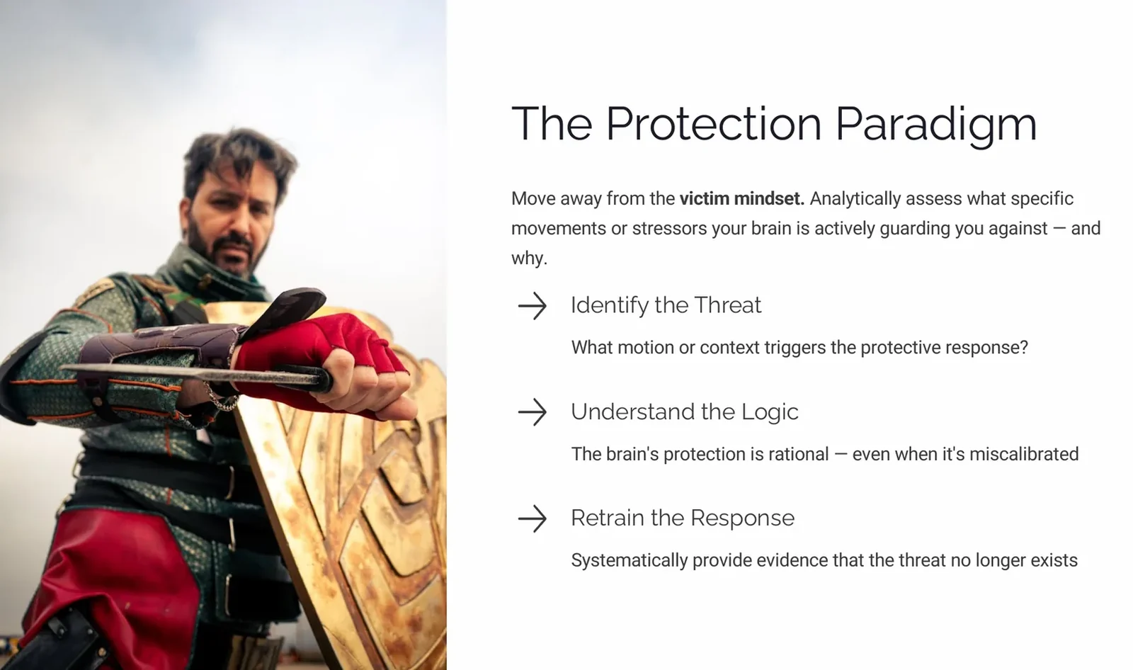 Slide showing the three steps of the protection paradigm: identify the threat, understand the logic, retrain the response