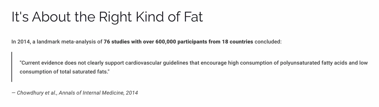 Slide quoting the 2014 meta-analysis of 76 studies and 600,000 participants on saturated and polyunsaturated fat guidelines