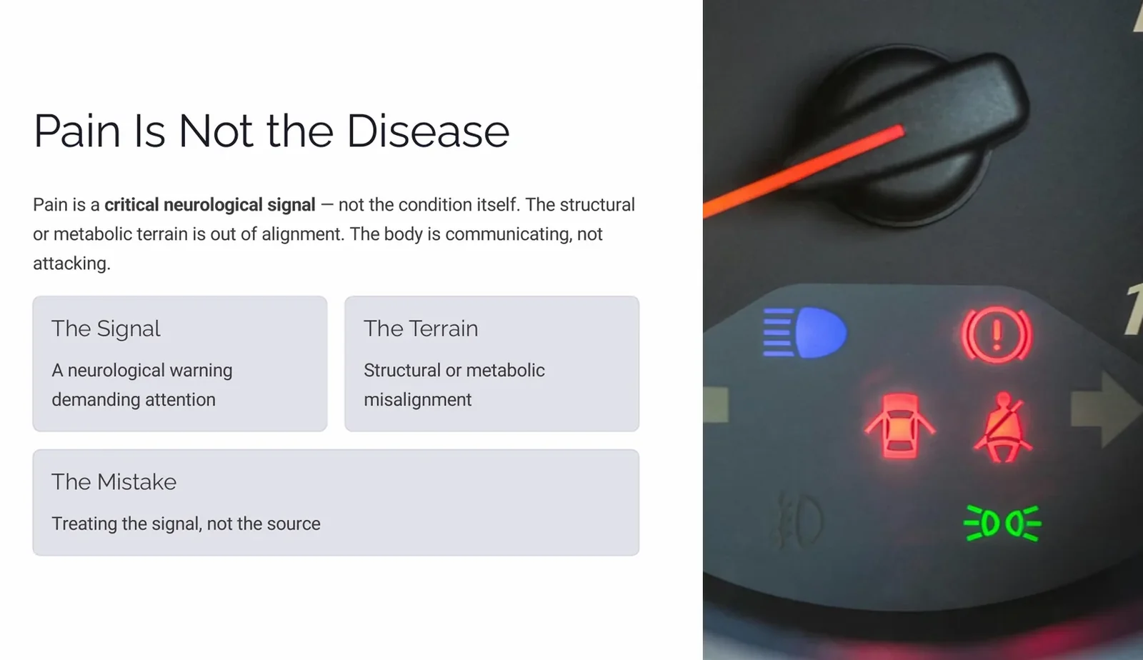Three-panel slide defining the pain signal, the underlying terrain, and the mistake of treating the signal alone